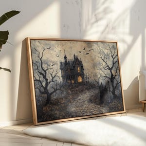 Haunted House Wall Art, Gothic Halloween Decor, Spooky Mansion Painting, Dark Academia Print, Victorian Horror Aesthetic