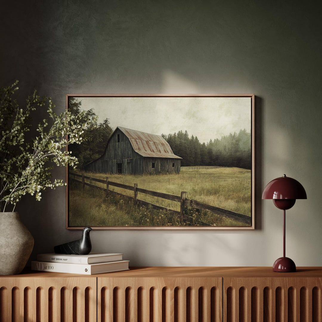 Rustic Canvas Rustic Blue Barn in Countryside Meadow | Vintage Rural Landscape Canvas ...