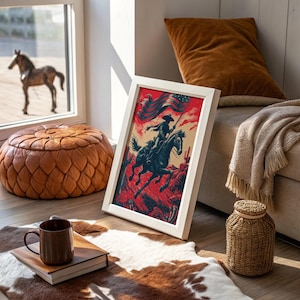 Könnte beinhalten: Ein gerahmter Druck mit einem Cowboy auf einem Pferd, der eine amerikanische Flagge hält, vor einem roten und beigen Hintergrund. Das Kunstwerk befindet sich in einem weißen Rahmen und wird auf einem Holzboden ausgestellt. Ein brauner Lederhocker und eine Kaffeetasse sind ebenfalls zu sehen.
