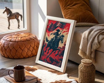 Western Cowboy Riding with American Flag Art