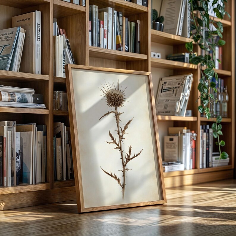 May include: A framed botanical print featuring a dried thistle plant. The artwork has a light beige background and a natural wood frame. The thistle is brown with spiky leaves and a large, textured flower head. The print is displayed on a wooden floor in front of a bookshelf.