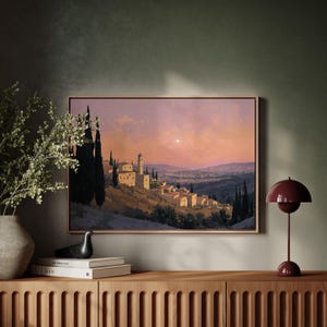 Vintage Bethlehem Canvas Wall Art | Nativity Star Over Holy Land Village | Christian Christmas Decor in Oil Painting Style