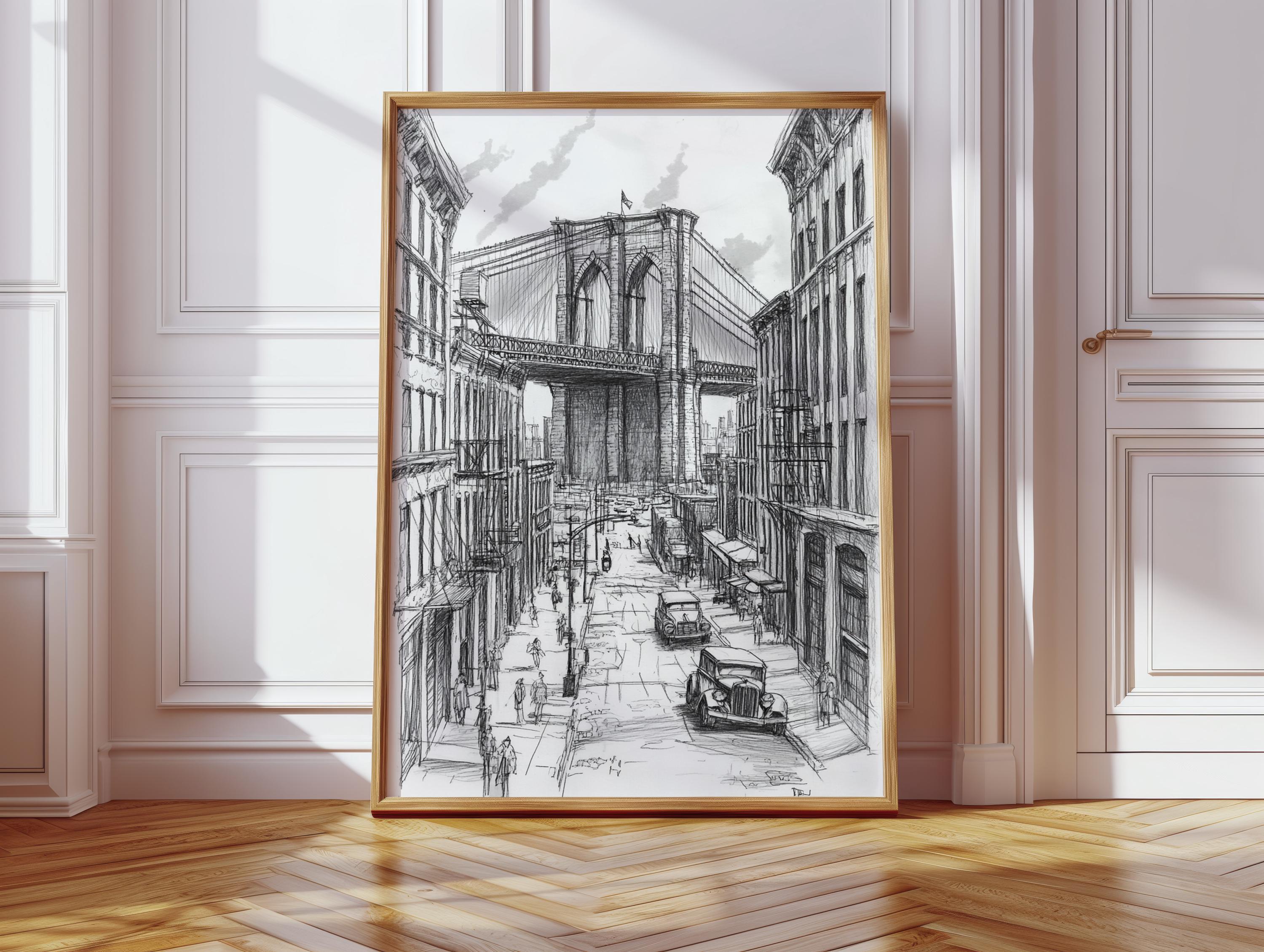 ヴィンテージブルックリン橋のインク画とクラシックカー、ニューヨーク