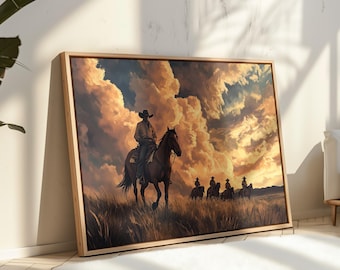 Cowboys reiten bei Sonnenuntergang Leinwandkunst, Western Landschaftswanddekor, rustikales Cowboy Poster, Vintage westliche Kunst
