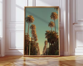 Met palmbomen omzoomde straat zonsondergang canvasafdruk, Californië tropische muurkunst, gouden uur luchtfotografie, kust natuur landschap decor
