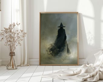 Dark Witch Silhouette Wall Art Print, Gothic Halloween Witch with Broom, Mystical Spooky Home Decor for Witchy Gothic Aesthetic