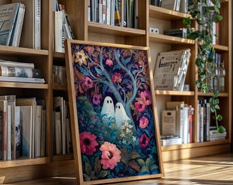 Może przedstawiać: Oprawiony wydruk artystyczny przedstawiający fantazyjną ilustrację dwóch białych duchów pod kwitnącym drzewem. Grafika jest bogata w odcienie różu, fioletu i zieleni, na ciemnoniebieskim tle. Rama wykonana jest z jasnego drewna.