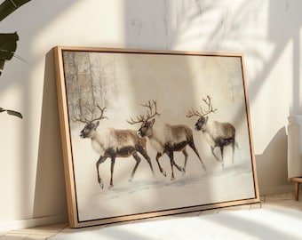 Elegant Reindeer in Snow Canvas - Winter Woodland Animal Artwork for Rustic Holiday Wall Decor
