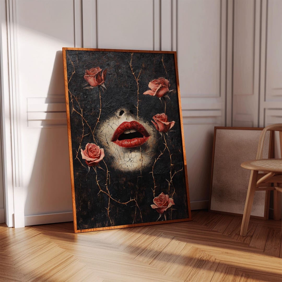 Surreal Red Lips & Roses Canvas Wall Art – Cracked Face With Thorns and ...