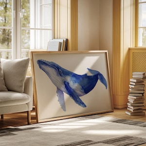Blue Whale Watercolor Canvas Wall Art | Ocean Marine Life Painting | Coastal Nautical Decor for Beach House or Sea Lover’s Home
