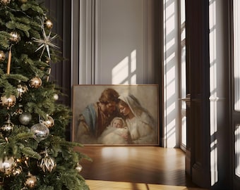 Holy Family Nativity Canvas Wall Art | Mary Joseph and Baby Jesus Painting | Christian Christmas Décor | Religious Spiritual Wall Print