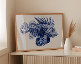 ネイチャーアート「ミノカサゴ」　水彩画 ミノカサゴの水彩画アートプリント：海の魚のイラストの壁飾り