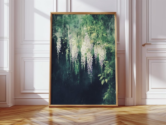 Wisteria Blossoms in Lush Greenery, A Soft Cascade of Purple and White Flowers Among Deep Green Foliage