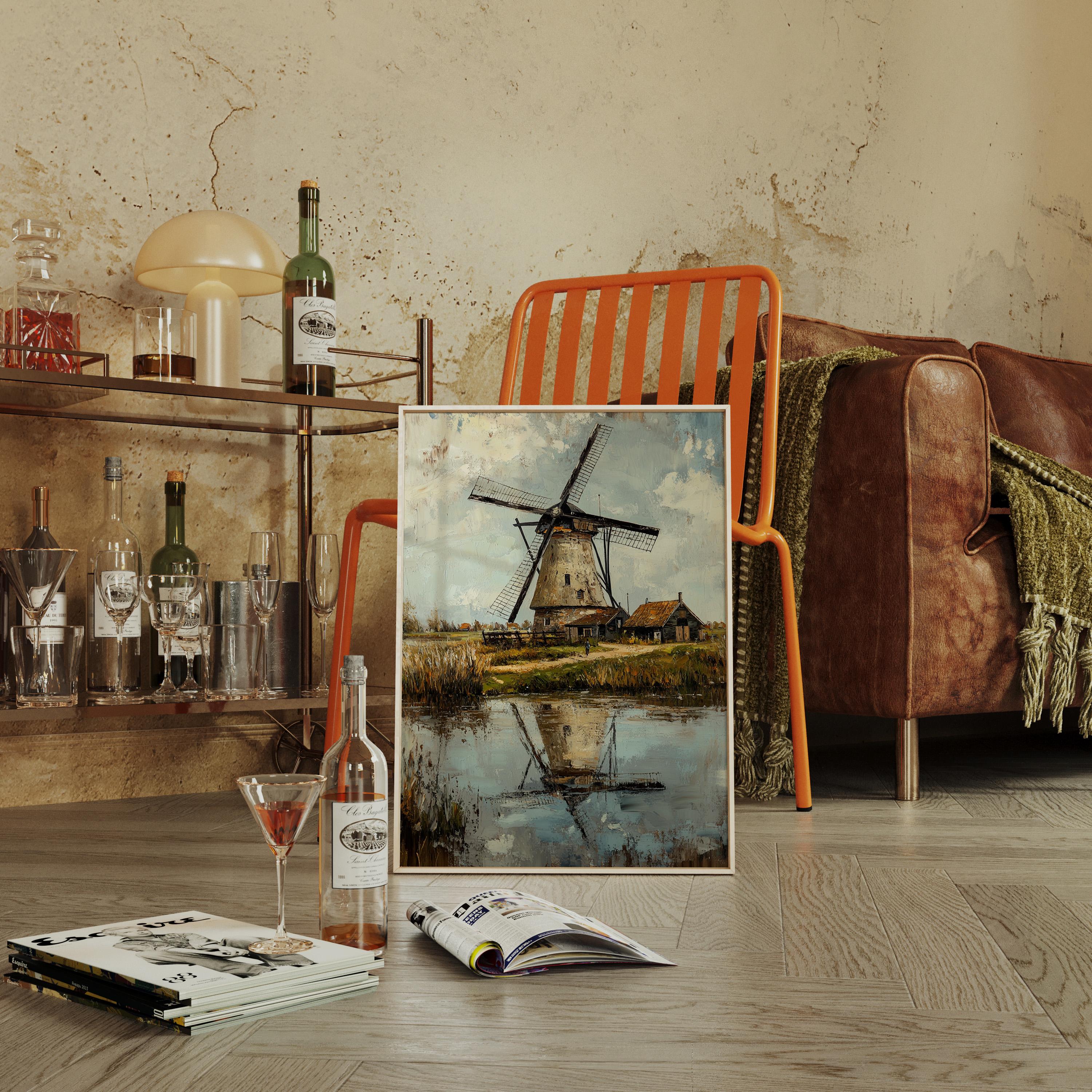 Vintage Windmill Landscape, Rustic Dutch Countryside, Reflecting