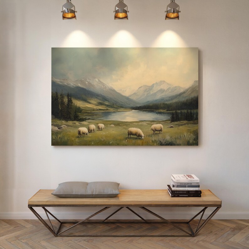 Serene Sheep in Mountain Meadow - Peaceful Landscape Canvas Wall Art ...
