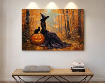 Witch with Black Cat and Pumpkin | Autumn Halloween Wall Art in Forest Setting