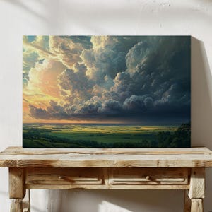 May include: A painting depicting a dramatic sky with dark, stormy clouds over a green field. The clouds are a mix of grey and white, with a golden glow in the distance. The field is green and lush, with a few trees in the distance.