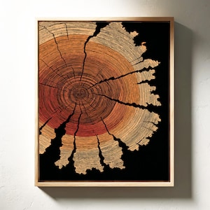 May include: A framed art print featuring a detailed illustration of a tree cross-section. The artwork showcases concentric rings in shades of orange, red, and tan against a black background. The wooden frame adds a natural touch to this nature-inspired wall decor.