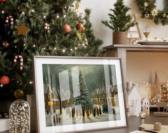 Vintage Christmas Tree Lighting Canvas Wall Art, Winter Village Scene, Holiday Carols, Snowy Town Square Festive Christmas Home Décor