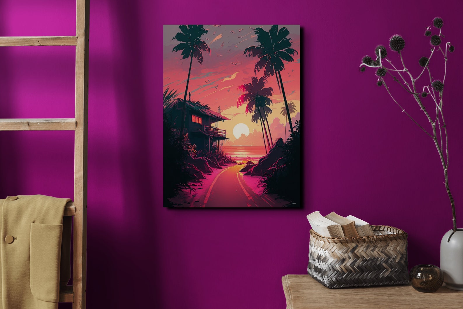Tropical Beach House Sunset Synthwave Style, Sunset Wall Art, Living