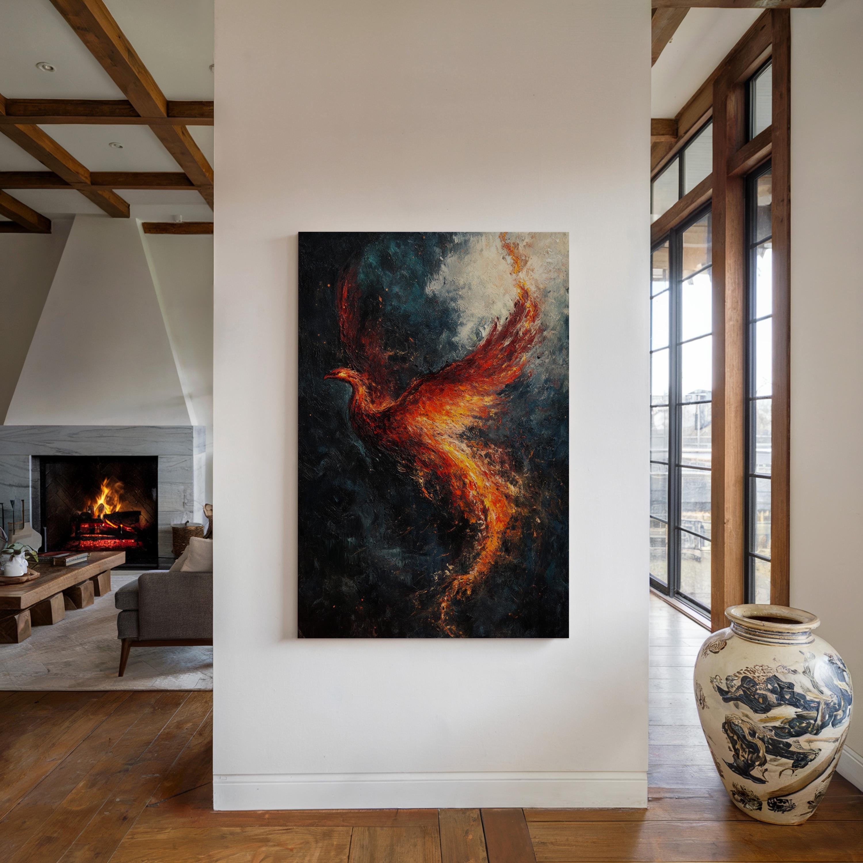 Vivid Phoenix Rising Canvas Wall Art - Abstract Fire Bird Painting ...