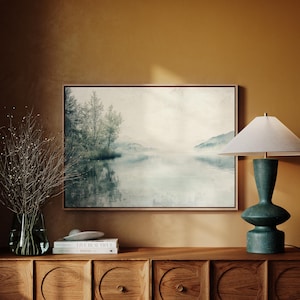 Misty Lake Landscape Canvas Wall Art - Serene Nature Scene with Soft Reflections and Calm Blue-Green Tones
