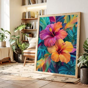 Tropical Hibiscus Canvas Wall Art, Vibrant Floral Painting, Colorful Jungle Leaves Print, Hawaiian Island Flower, Boho Botanical Poster
