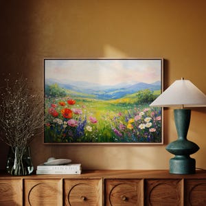 Wildflower Meadow Canvas Wall Art, Colorful Blooming Field Painting with Mountain Landscape, Vibrant Spring Floral Home Décor