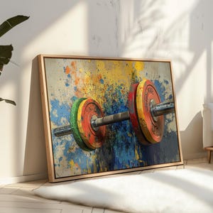 Vibrant Barbell Gym Canvas Wall Art - Abstract Weightlifting Painting - Fitness Motivational Artwork for Home Gym or Workout Space