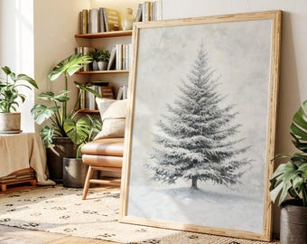 Snow Covered Pine Tree Canvas Wall Art, Winter Forest Scene, Rustic Lodge Holiday Decor, Neutral Christmas Tree Painting for Seasonal Home