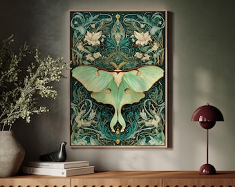 Art mural sur toile Luna Moth, insecte mystique avec motifs floraux, oeuvre d'art nature bohème vintage pour cottage, décoration botanique