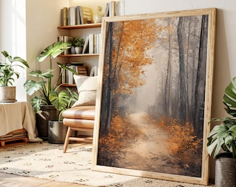 Camino forestal otoñal brumoso: pintura al óleo de follaje otoñal con hojas de color naranja cálido y un paisaje boscoso neutro y suave.