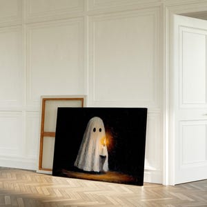 Ghost Holding Candle Oil Painting | Whimsical Spooky Wall Art for Cozy Halloween Decor