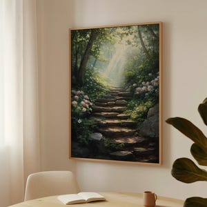 May include: A painting of a stone path leading up a hill through a lush green forest. The path is lined with pink flowers and the sun shines through the trees.