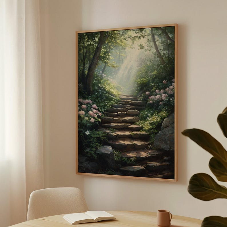 May include: A painting of a stone path leading up a hill through a lush green forest. The path is lined with pink flowers and the sun shines through the trees.