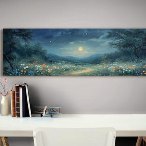 Moonlit Meadow Canvas, Enchanted Wildflower Landscape, Celestial Night Sky Art, Mystical Nature Print, Dreamy Fantasy Wall Decor
