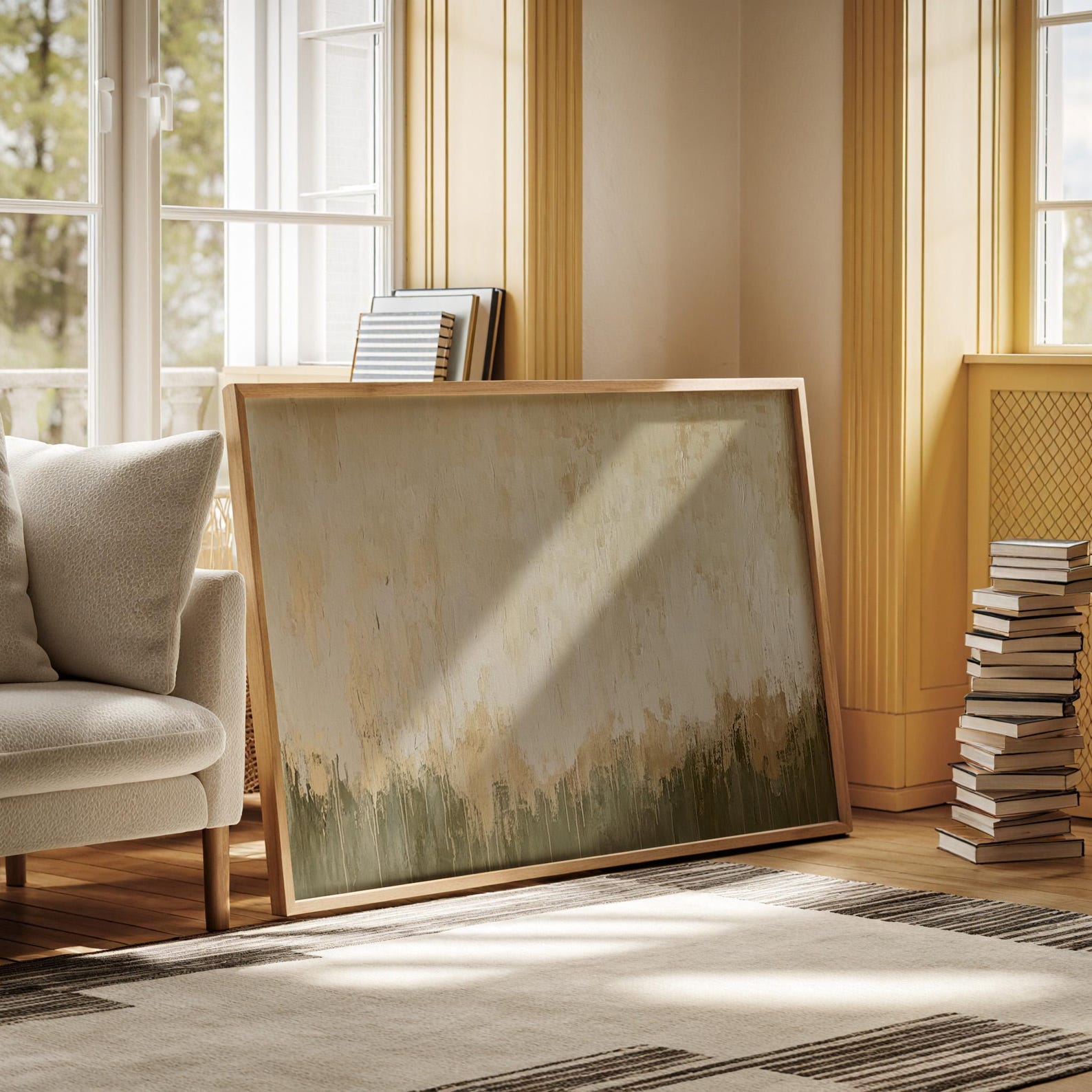 Neutral Abstract Canvas Art - Minimalist Beige and Green Textured Wall ...