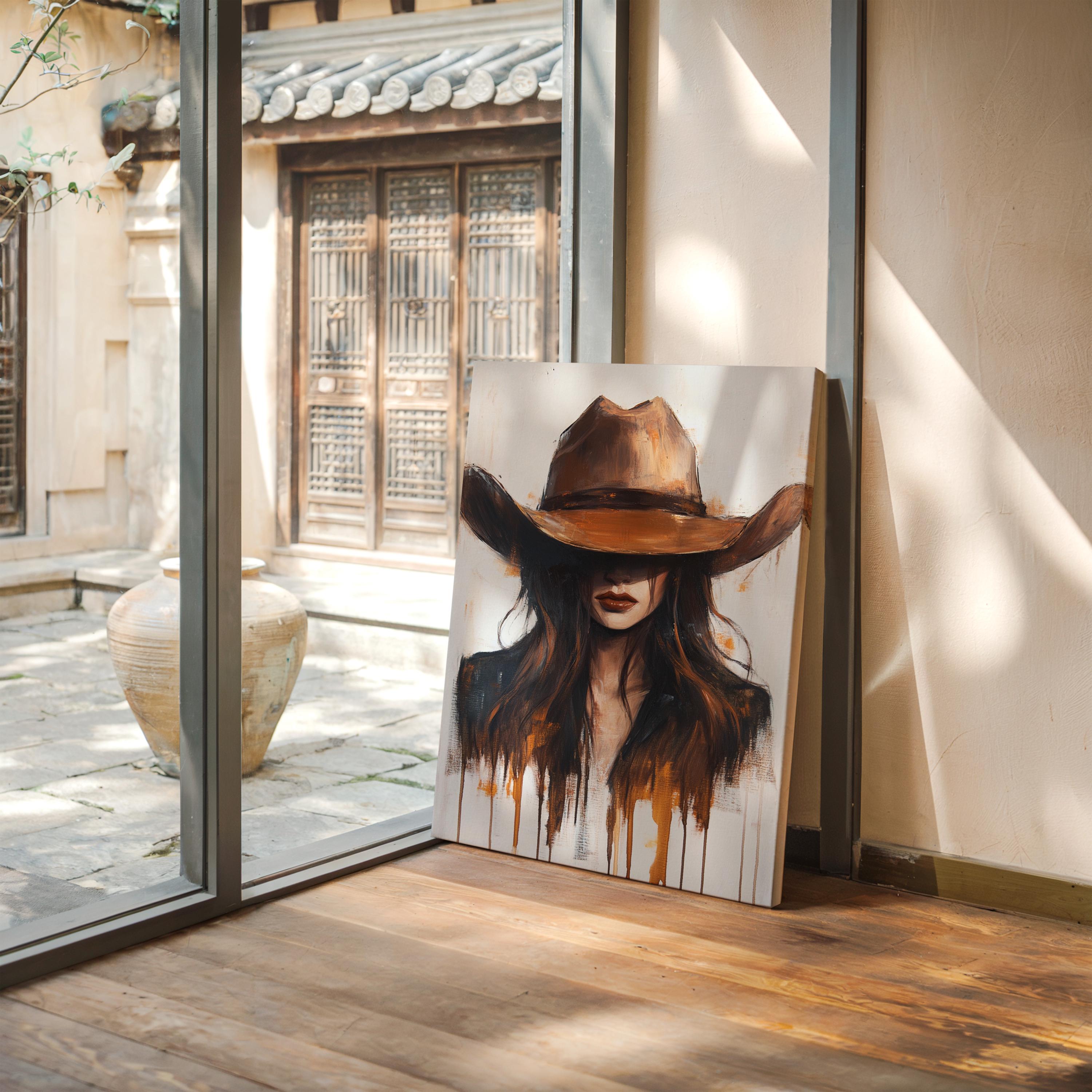 Cowgirl Canvas Wall Art - Western Woman With Hat in Dripping Paint ...
