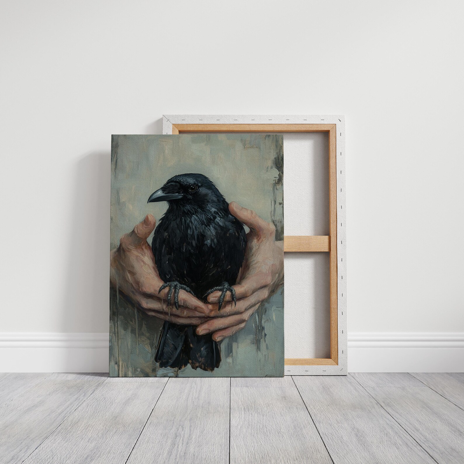 Dark Raven in Hands Art - Gothic Crow Painting, Vintage Wildlife Canvas ...