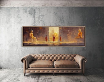 Golden Buddha Temple Canvas, Buddhist Monks Meditation Wall Art, Spiritual Zen Decor, Sacred Enlightenment Painting, Asian Temple Print