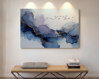 Abstract Indigo and Gold Sky with Birds