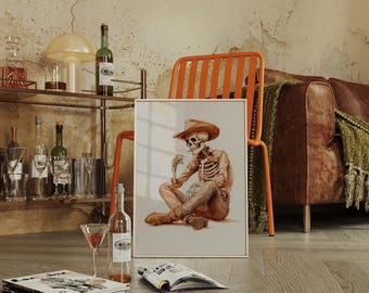 Cowboy Skeleton Wall Art | Rustic Western Halloween Décor in Vintage Watercolor Style