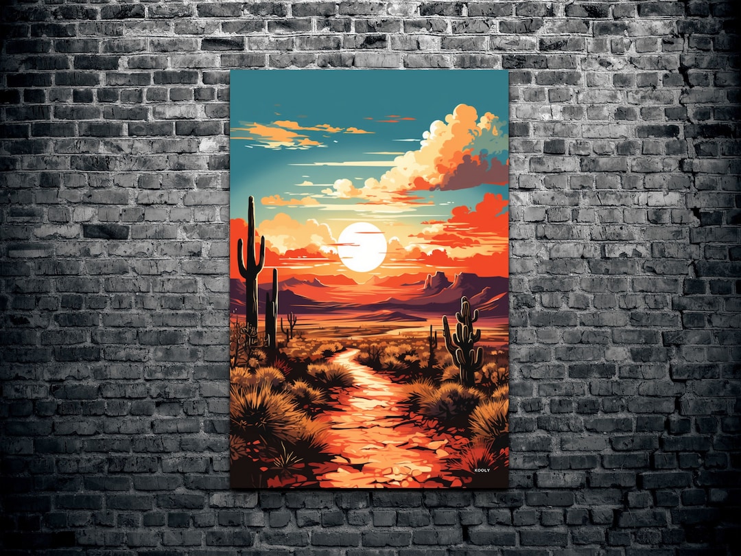 Retro Wave Arizona Desert Scene Canvas Wall Art, Wild Wild West Canvas Wall Art, Cowboy Art