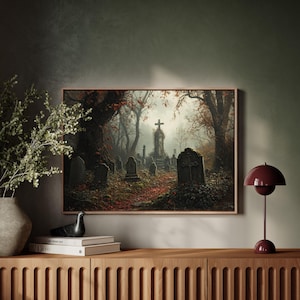 Haunted Graveyard Canvas Wall Art, Gothic Cemetery with Cross Tombstones, Spooky Halloween Decor, Dark Forest Creepy Gothic Poster