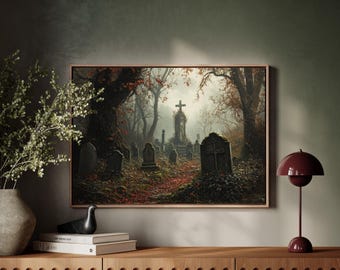 Tela da parete con cimitero infestato, cimitero gotico con lapidi a croce, decorazioni spettrali per Halloween, poster gotico inquietante della foresta oscura