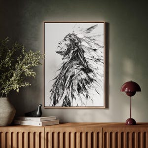 May include: Black and white illustration of a Native American man wearing a headdress with feathers. The man is looking up and has a serious expression on his face.