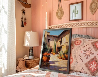 May include: A framed painting depicting a courtyard scene with cacti and terracotta pots. The artwork is set against a backdrop of a peach-colored wall, adorned with decorative items, including a straw hat and a lamp with a woven base. The bed is covered with a patterned quilt.