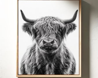 Highland Cow Portrait | Black and White Farmhouse Wall Art
