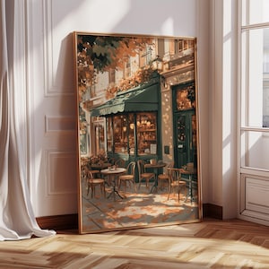 Vintage Paris Café Canvas Wall Art | Autumn Street Bistro Scene with Tables and Chairs | French Coffee Shop Print for Kitchen Decor