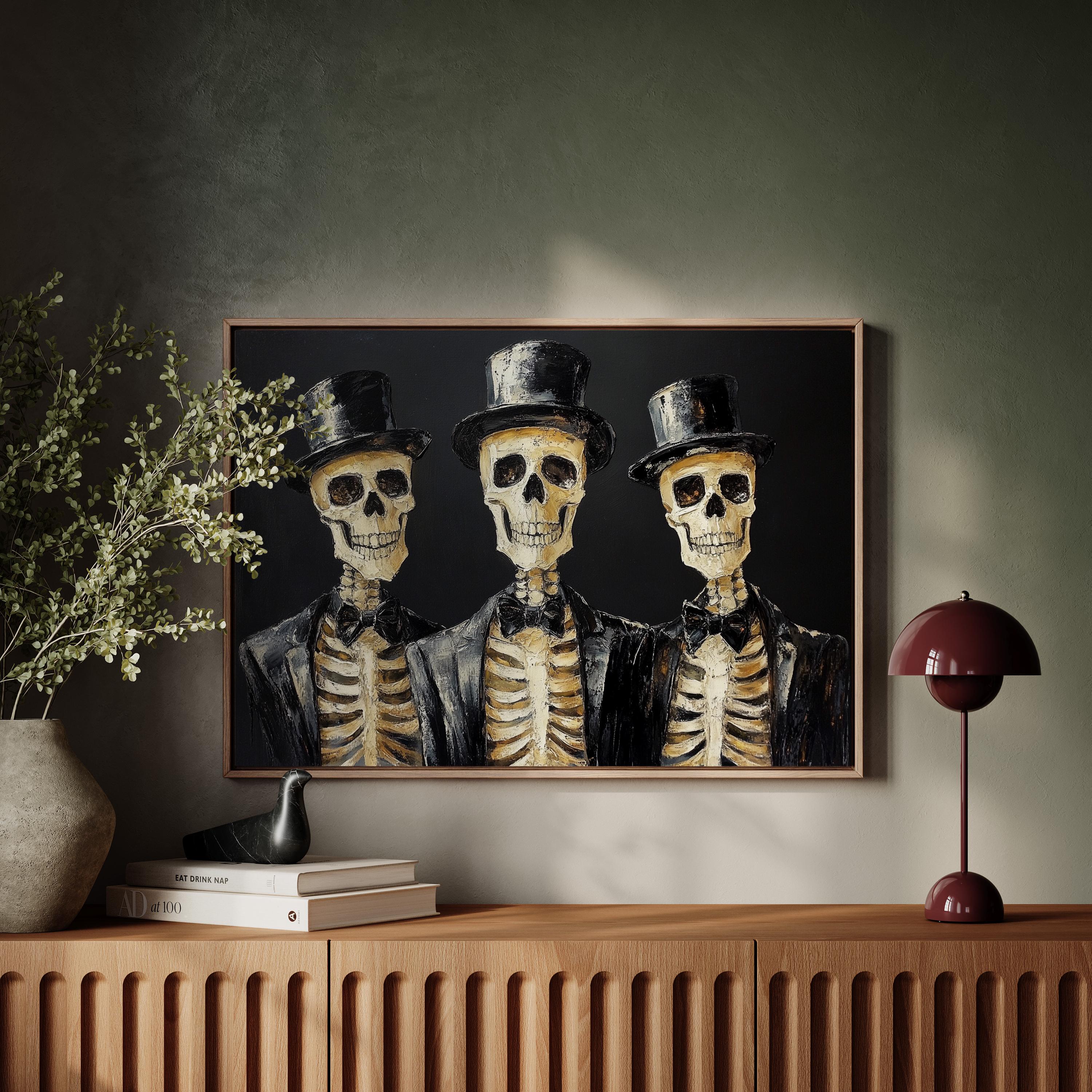 Three Skeletons in Top Hats Canvas Wall Art – Gothic Halloween